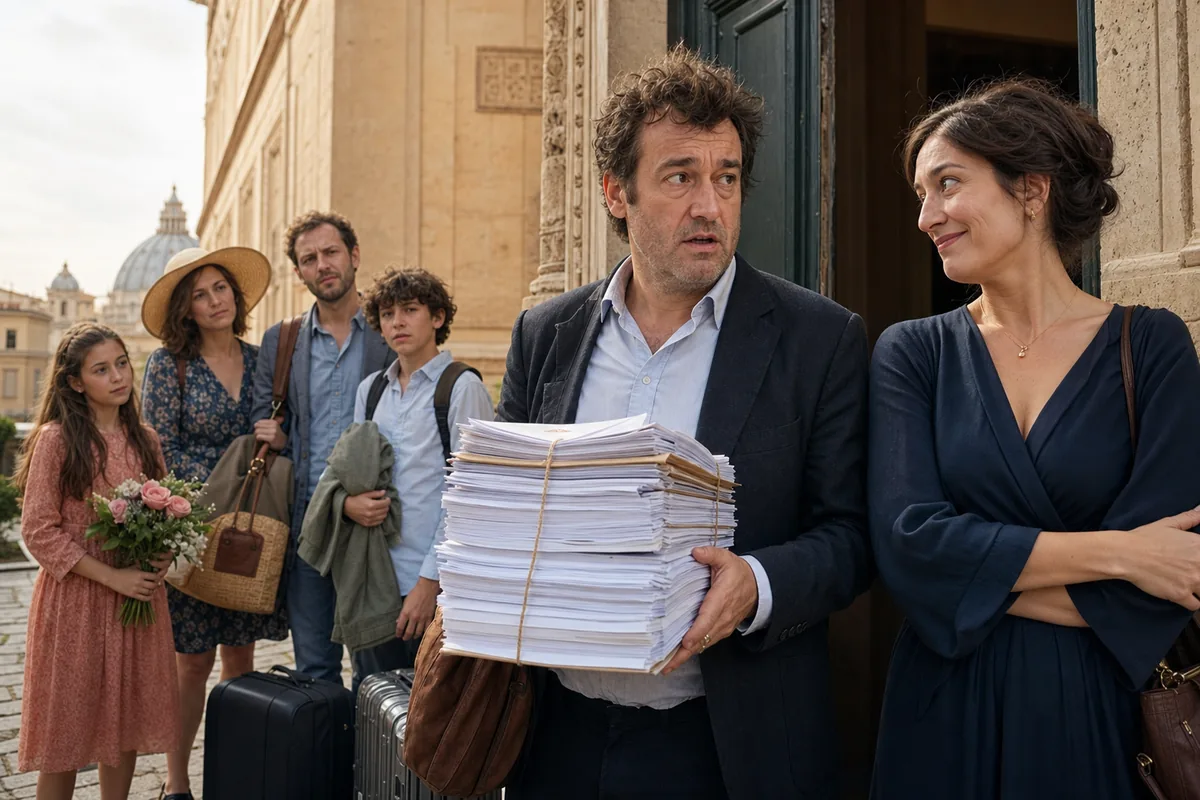 Homme dépassé par des papiers de mariage devant une église romaine pour C’est quoi l’amour