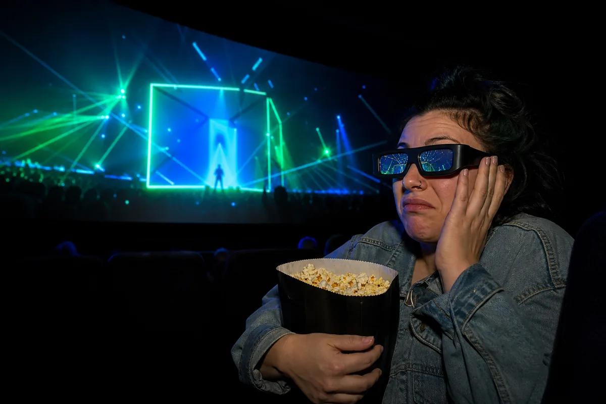 Spectatrice en lunettes 3D devant un concert pop futuriste inspiré de Billie Eilish Hit Me Hard And Soft The Tour Live In 3D