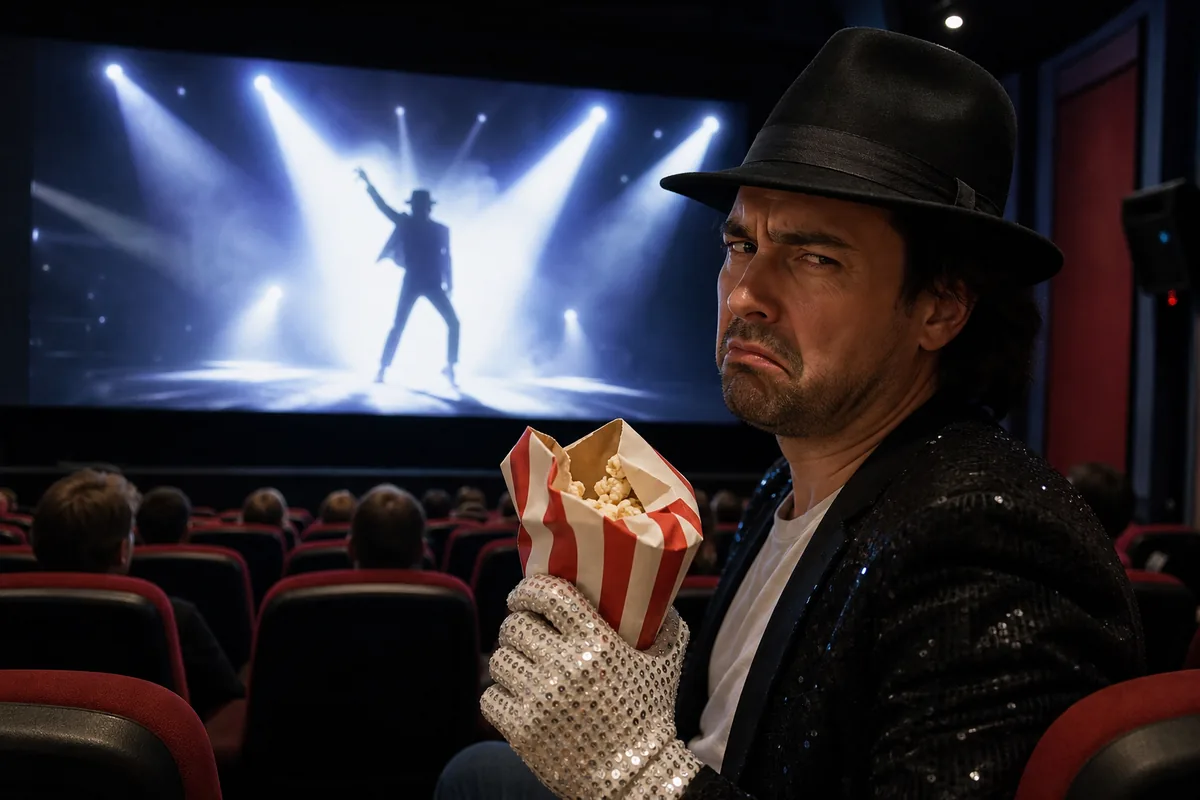 Spectateur mécontent avec gant blanc et chapeau noir devant une scène inspirée du film Michael