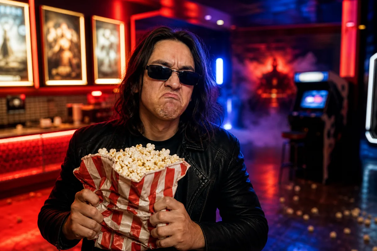 spectateur mécontent au cinéma devant une ambiance inspirée de Mortal Kombat II