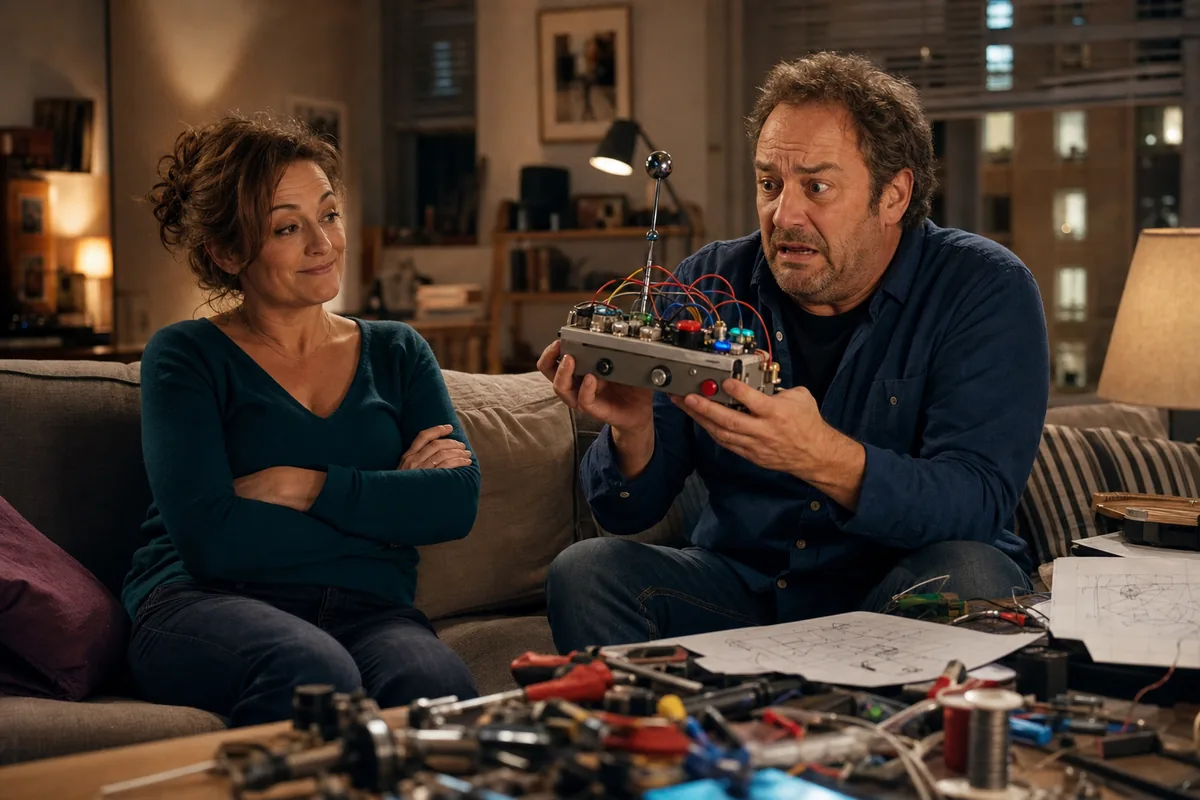 Couple devant un prototype absurde dans une scène inspirée du film Pour le plaisir