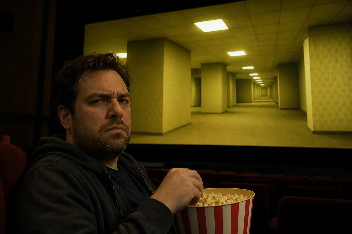 Spectateur agacé devant un couloir jaune inspiré de Backrooms dans une salle de cinéma