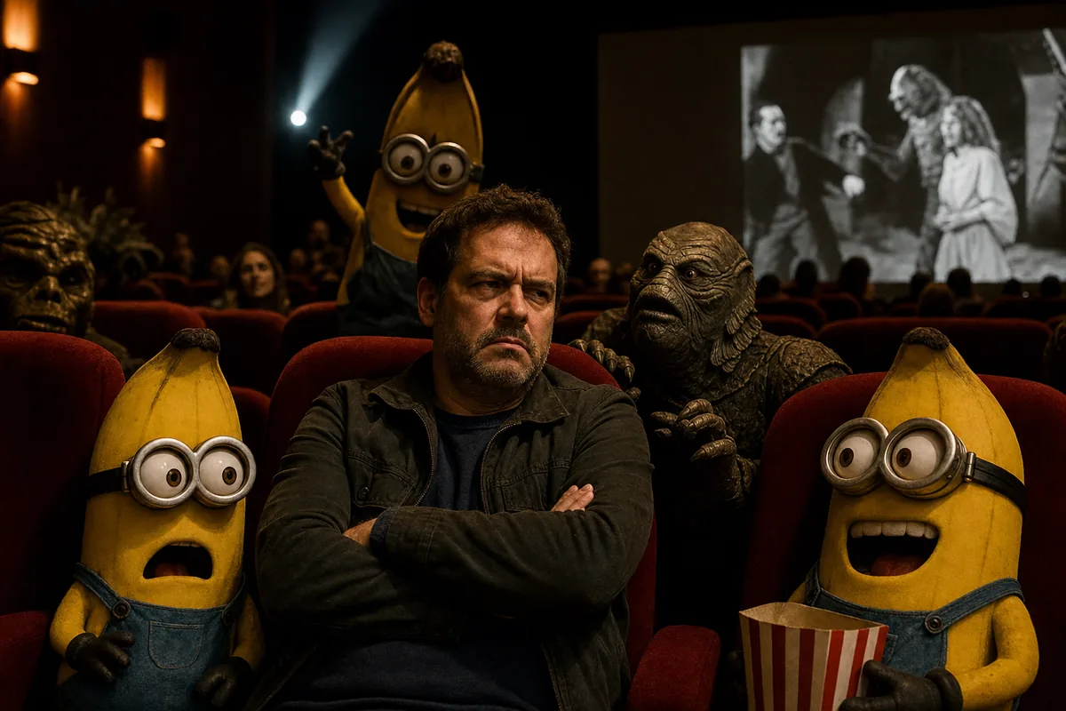 Spectateur agacé devant des Minions et des monstres dans une salle de cinéma