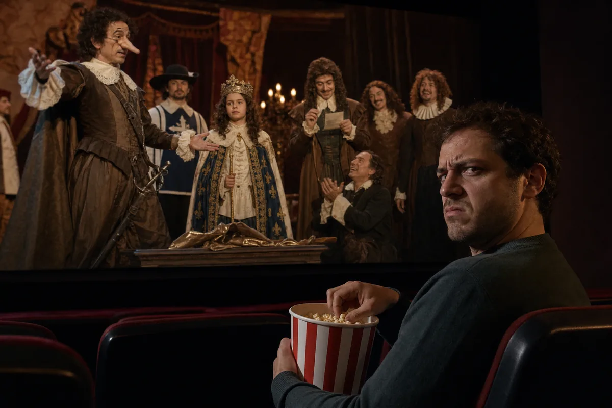 Spectateur agacé devant une scène historique inspirée des Caprices de l’Enfant Roi au cinéma