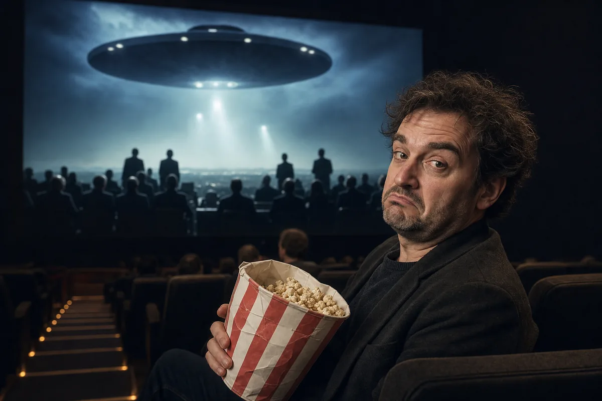 Critique Disclosure Day avec spectateur agacé devant une scène d’ovni au cinéma
