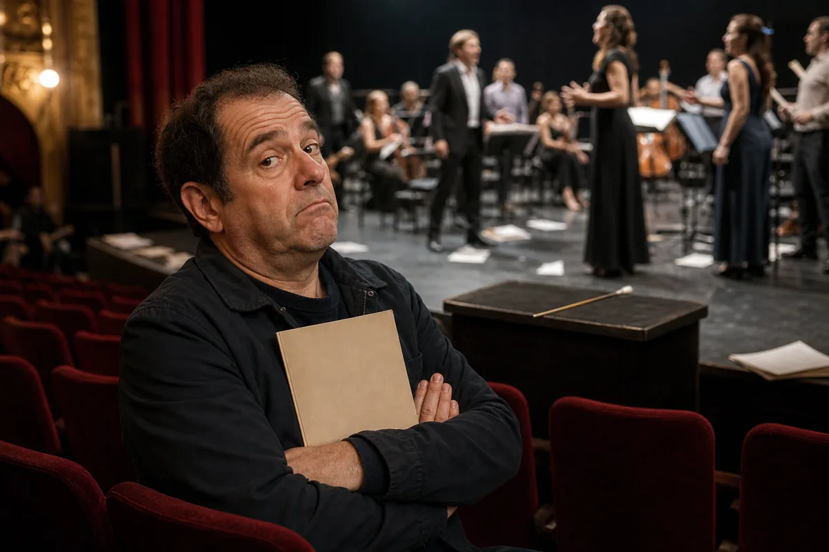 Critique L’Objet du délit avec un homme agacé devant une répétition d’opéra