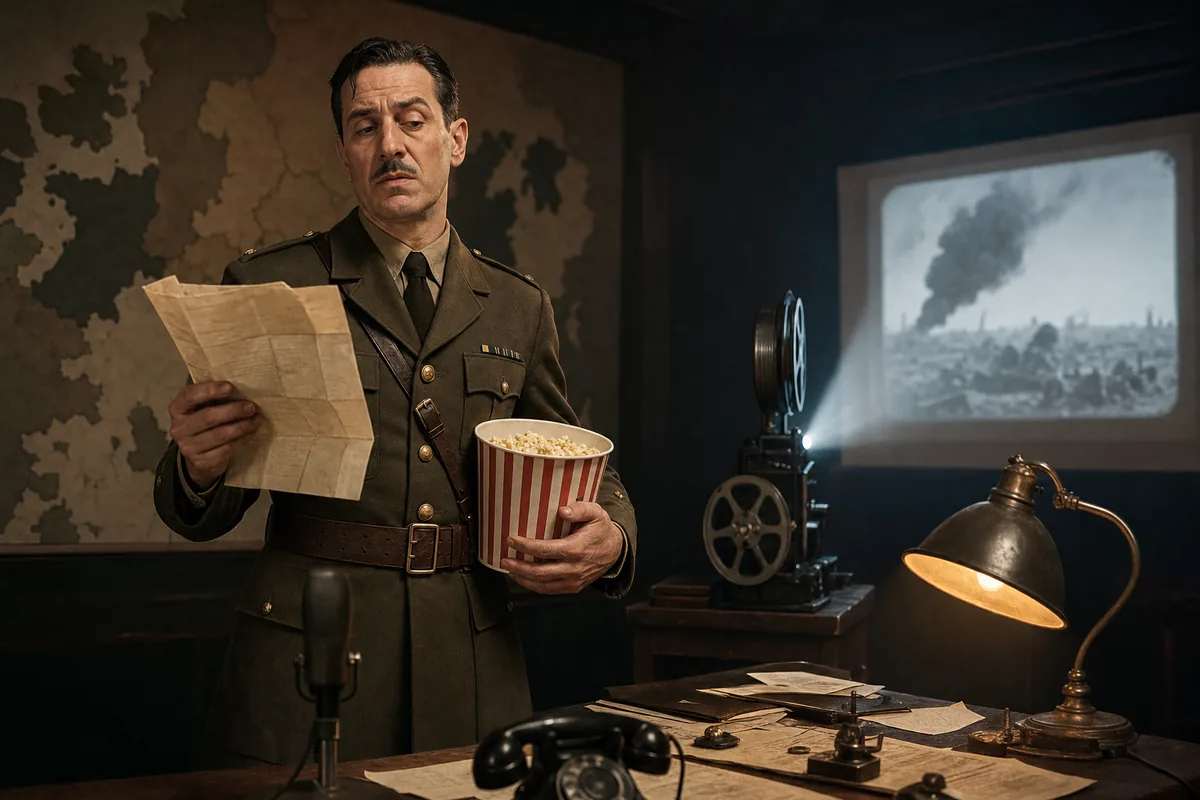 Critique La Bataille de Gaulle avec un officier agacé tenant du pop-corn dans une salle de projection