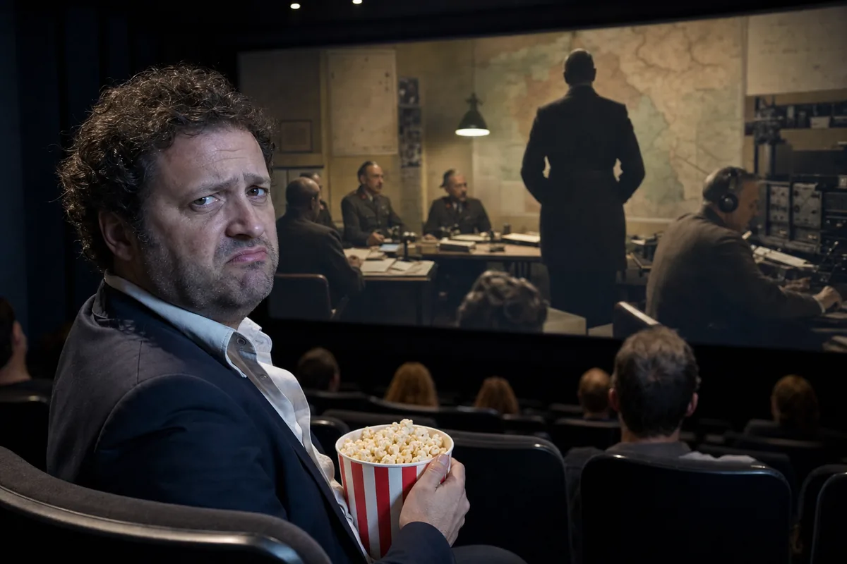 Spectateur agacé devant une fresque historique inspirée de La Bataille de Gaulle Partie 2 au cinéma