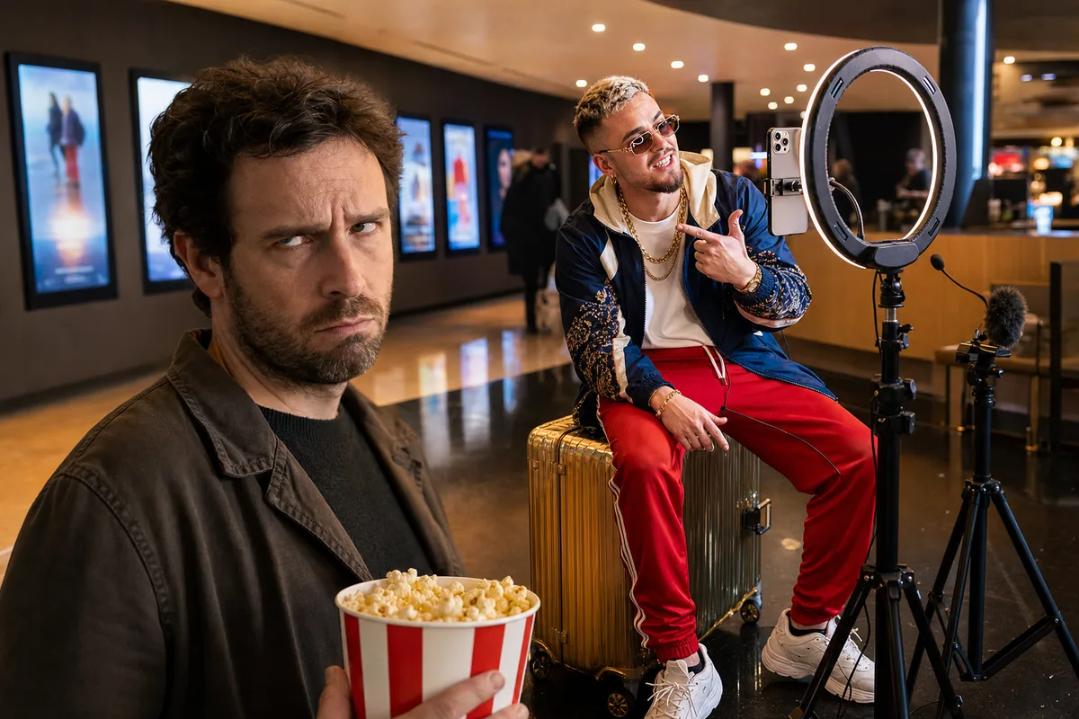 Critique The Giaccomo avec un influenceur filmé au ring light et un spectateur agacé au cinéma