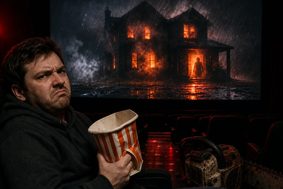 Spectateur agacé devant une maison en feu inspirée de Evil Dead Burn