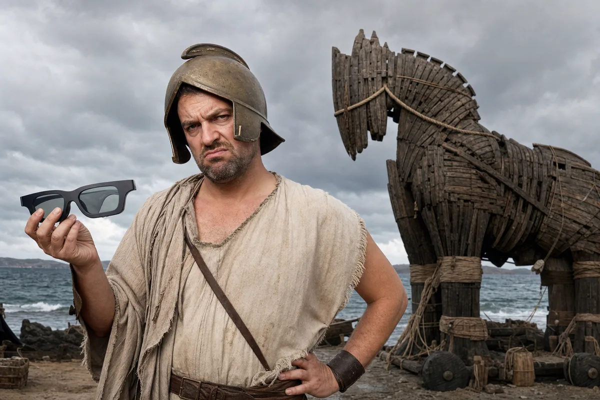 Spectateur agacé en tunique grecque devant un cheval de Troie inspiré de L’Odyssée de Christopher Nolan