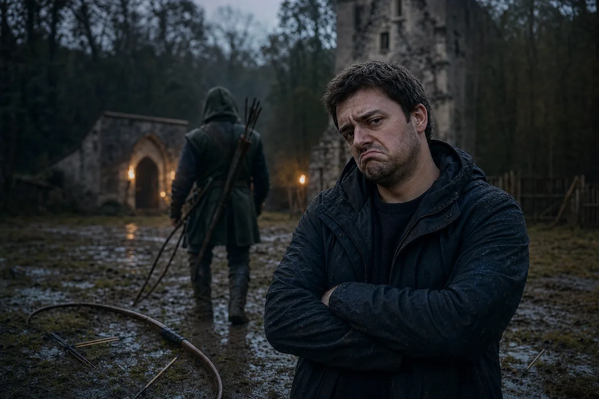 Spectateur agacé devant une scène médiévale sombre inspirée d’On l’appelait Robin des Bois