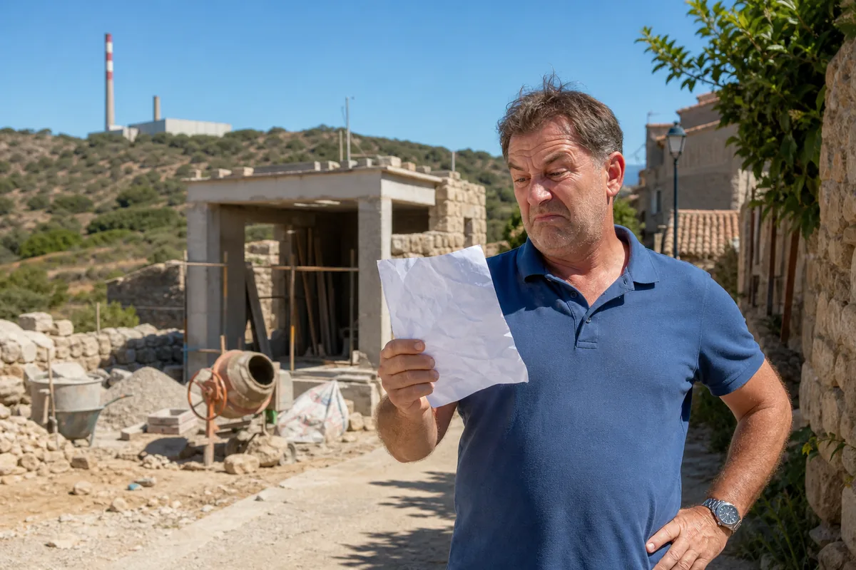 Spectateur agacé devant un chantier corse inspiré de Permis de détruire