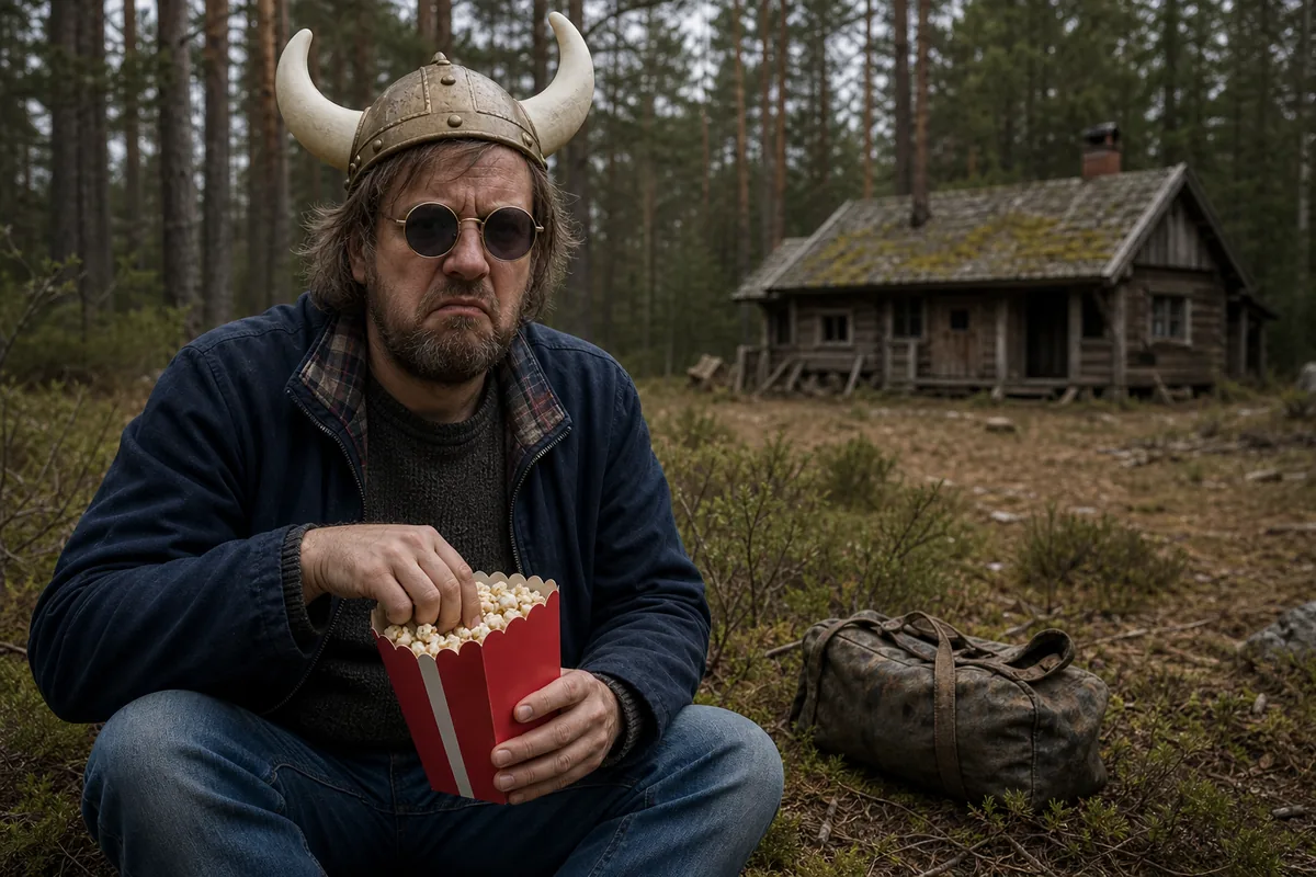 Spectateur agacé dans une forêt avec casque viking et lunettes rondes inspirées de The Last Viking