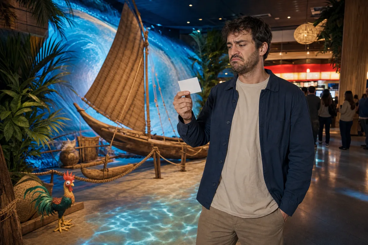 Spectateur agacé devant un décor de cinéma inspiré de Vaiana live action