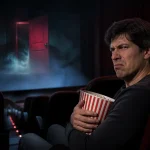 Spectateur agacé devant une porte rouge surnaturelle pour Insidious L Invasion du Lointain