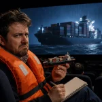 Spectateur agacé avec gilet de sauvetage devant un cargo inspiré de Mutiny