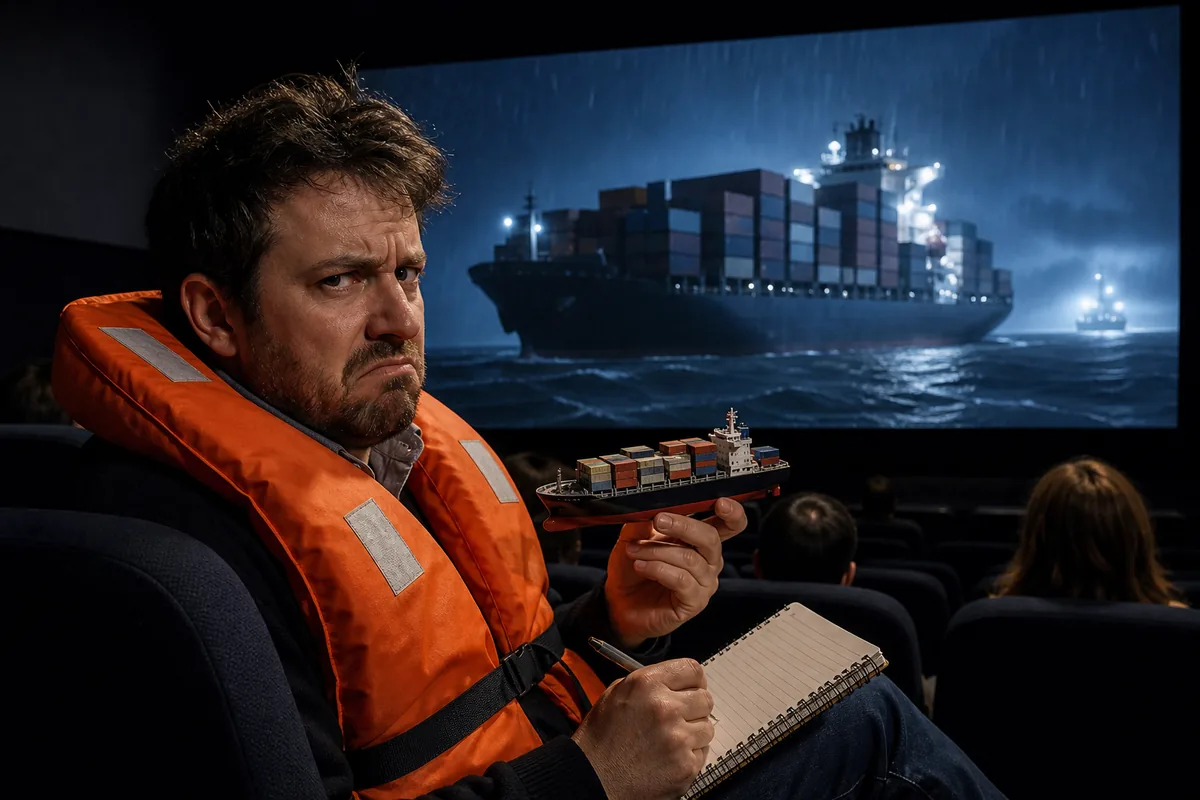 Spectateur agacé avec gilet de sauvetage devant un cargo inspiré de Mutiny