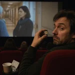 Spectateur fatigué tenant une montre devant un drame de soin inspiré de Soudain